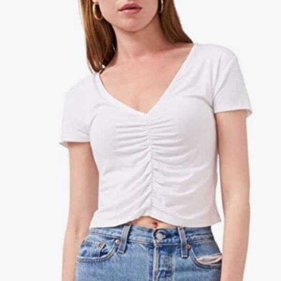 1.State Tops - 1.State Women's Cinched V-Neck Short Sleeves Casual T-Shirt White Size S Ruched